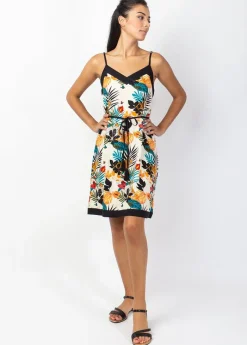 Cheap Coton Du Monde Robe courte fluide fines bretelles PALMA imprimé tropical blanc Tiger