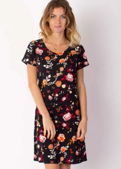 Store Coton Du Monde Robe courte fluide NATALIA manches courtes imprimé fleuri noir 28 Noir