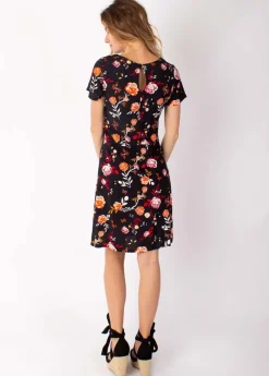 Store Coton Du Monde Robe courte fluide NATALIA manches courtes imprimé fleuri noir 28 Noir