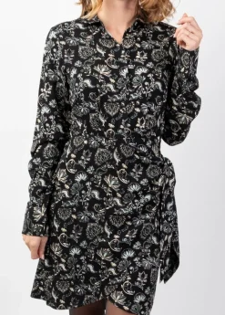 Outlet Coton Du Monde Robe courte hiver manches longues RIANA coupe portefeuille noir Orient