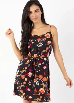 Outlet Coton Du Monde Robe courte légère à fines bretelles ALMA imprimé fleuri 28 Noir