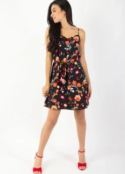 Outlet Coton Du Monde Robe courte légère à fines bretelles ALMA imprimé fleuri 28 Noir