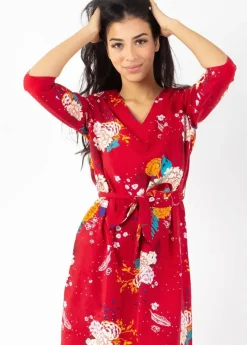 Hot Coton Du Monde Robe courte manches 3/4 fluide LEYLA imprimé fleuri rouge Volupte