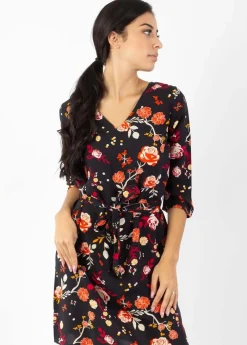 Best Sale Coton Du Monde Robe courte manches 3/4 fluide LEYLA imprimé fleuri noir 28 Noir