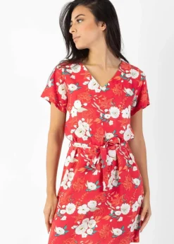 Online Coton Du Monde Robe courte manches courtes col V SERENA  fleurie rouge Bouquet Rouge