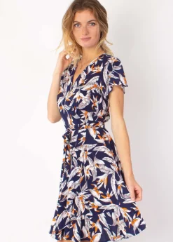 Outlet Coton Du Monde Robe courte MARIKA fluide cache-cœur imprimé fleur de paradis 14 Marine