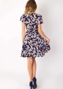 Outlet Coton Du Monde Robe courte MARIKA fluide cache-cœur imprimé fleur de paradis 14 Marine