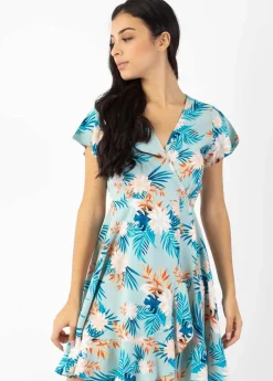 Hot Coton Du Monde Robe courte MARIKA fluide cache-cœur imprimé fleurs exotiques Exotique Menthe