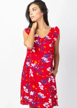 New Coton Du Monde Robe courte sans manches volantées ZOLA rouge Pétale
