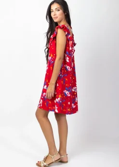 New Coton Du Monde Robe courte sans manches volantées ZOLA rouge Pétale