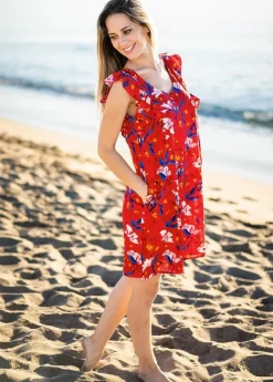 New Coton Du Monde Robe courte sans manches volantées ZOLA rouge Pétale