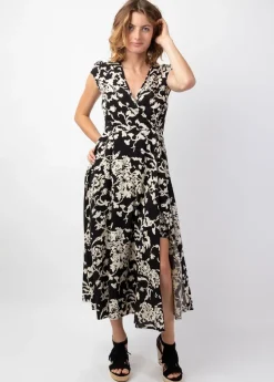 Best Sale Coton Du Monde Robe femme été mi-longue LOLITA imprimé ethnique chic Palua Noir