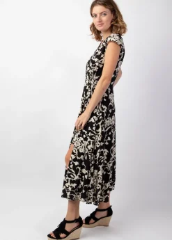 Best Sale Coton Du Monde Robe femme été mi-longue LOLITA imprimé ethnique chic Palua Noir