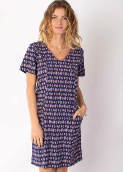 Outlet Coton Du Monde Robe fluide à manches courtes PRECILIA imprimé ethnique marine 29 Marine