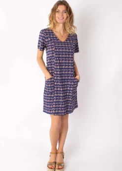 Outlet Coton Du Monde Robe fluide à manches courtes PRECILIA imprimé ethnique marine 29 Marine
