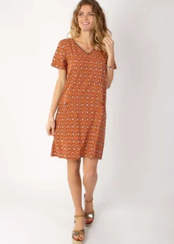 Best Coton Du Monde Robe fluide à manches courtes PRECILIA imprimé ethnique camel 29 Camel