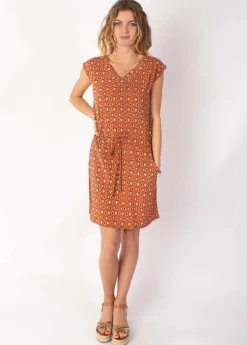 Store Coton Du Monde Robe fluide avec lien ajustable ELVIRA imprimé ethnique camel 29 Camel