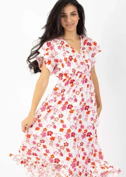 Hot Coton Du Monde Robe longue à volants KENDRA imprimé fleurs de cerisier blanc Cherry Blanc