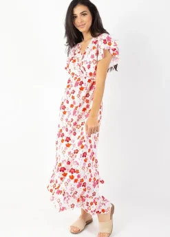 Hot Coton Du Monde Robe longue à volants KENDRA imprimé fleurs de cerisier blanc Cherry Blanc