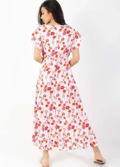 Hot Coton Du Monde Robe longue à volants KENDRA imprimé fleurs de cerisier blanc Cherry Blanc