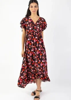 Cheap Coton Du Monde Robe longue à volants KENDRA imprimé fleurs de cerisier noir Cherry Noir