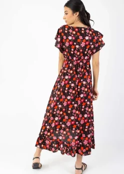 Cheap Coton Du Monde Robe longue à volants KENDRA imprimé fleurs de cerisier noir Cherry Noir