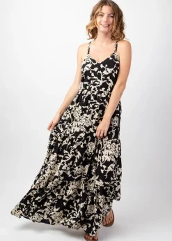 Best Coton Du Monde Robe longue bohème fines bretelles torsadées MONICA motif ethnique noir Palua Noir