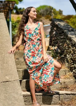 Clearance Coton Du Monde Robe longue ceinturée SAVANA imprimé coloré Congo