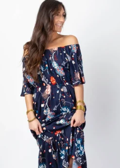 Store Coton Du Monde Robe longue chic DALIA col bardot imprimé fleuri bleu Pollen