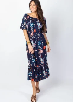 Store Coton Du Monde Robe longue chic DALIA col bardot imprimé fleuri bleu Pollen