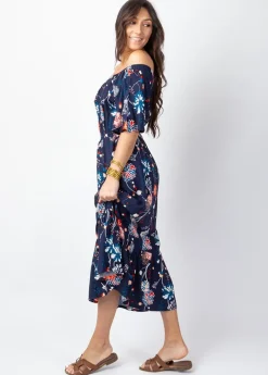 Store Coton Du Monde Robe longue chic DALIA col bardot imprimé fleuri bleu Pollen