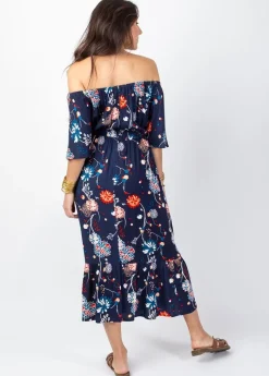 Store Coton Du Monde Robe longue chic DALIA col bardot imprimé fleuri bleu Pollen