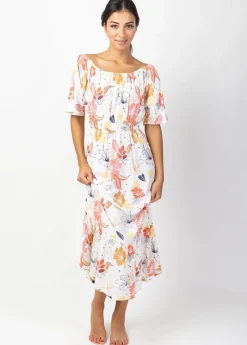 Shop Coton Du Monde Robe longue chic DALIA col bardot imprimé fleuri blanc Althea