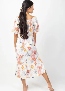 Shop Coton Du Monde Robe longue chic DALIA col bardot imprimé fleuri blanc Althea