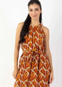 Cheap Coton Du Monde Robe longue col licou FRIDA imprimé ethnique orange Savane Orange
