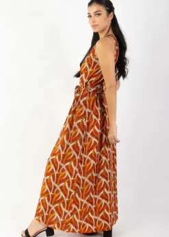 Cheap Coton Du Monde Robe longue col licou FRIDA imprimé ethnique orange Savane Orange