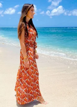 Cheap Coton Du Monde Robe longue col licou FRIDA imprimé ethnique orange Savane Orange