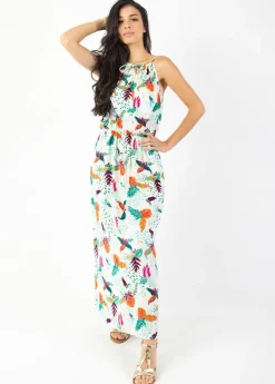 Shop Coton Du Monde Robe longue col licou NAYA imprimé tropical blanc Rio Blanc