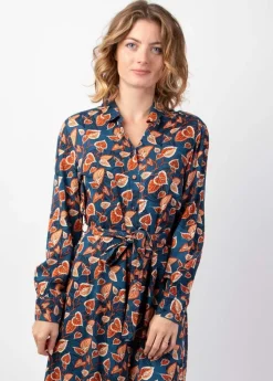 Clearance Coton Du Monde Robe longue en viscose épais bleu VAIANA motif feuillage automnal Tylia
