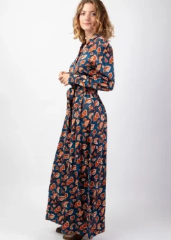 Clearance Coton Du Monde Robe longue en viscose épais bleu VAIANA motif feuillage automnal Tylia