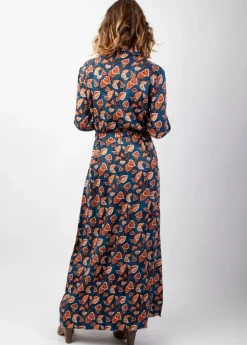 Clearance Coton Du Monde Robe longue en viscose épais bleu VAIANA motif feuillage automnal Tylia