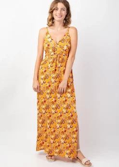 Online Coton Du Monde Robe longue femme été fluide GLORIA imprimé fleurs sur fond jaune Joy