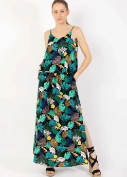 Best Sale Coton Du Monde Robe longue fendue ASSILIA imprimé tropical Palme Vert