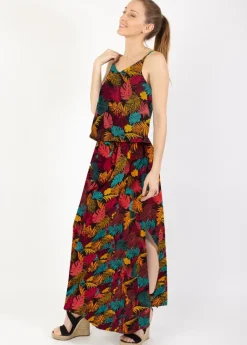 Clearance Coton Du Monde Robe longue fendue ASSILIA imprimé tropical Palme Orange