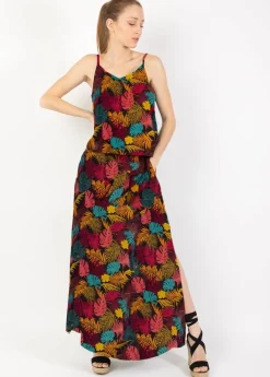 Clearance Coton Du Monde Robe longue fendue ASSILIA imprimé tropical Palme Orange