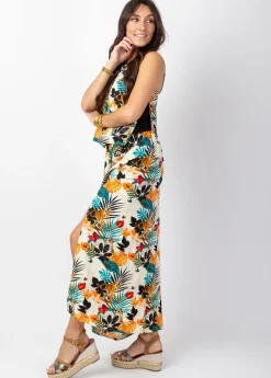 Cheap Coton Du Monde Robe longue fendue ASSILIA imprimé exotique beige Tiger