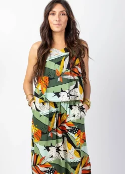 Fashion Coton Du Monde Robe longue fendue ASSILIA imprimé exotique vert Brésil