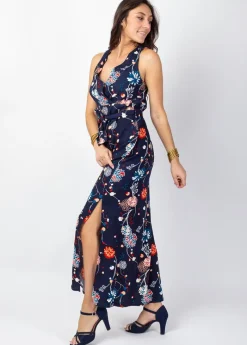 New Coton Du Monde Robe longue fendue chic MELINDA cache-cœur imprimé floral bleu Pollen