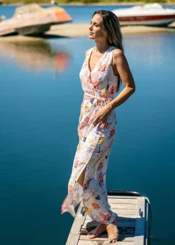 Cheap Coton Du Monde Robe longue fendue chic MELINDA cache-cœur imprimé floral blanc Althea