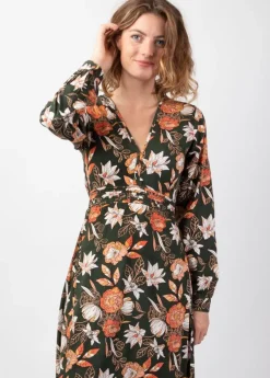 Outlet Coton Du Monde Robe longue fendue en viscose soyeux hiver CALISSA motif floral kaki Arty